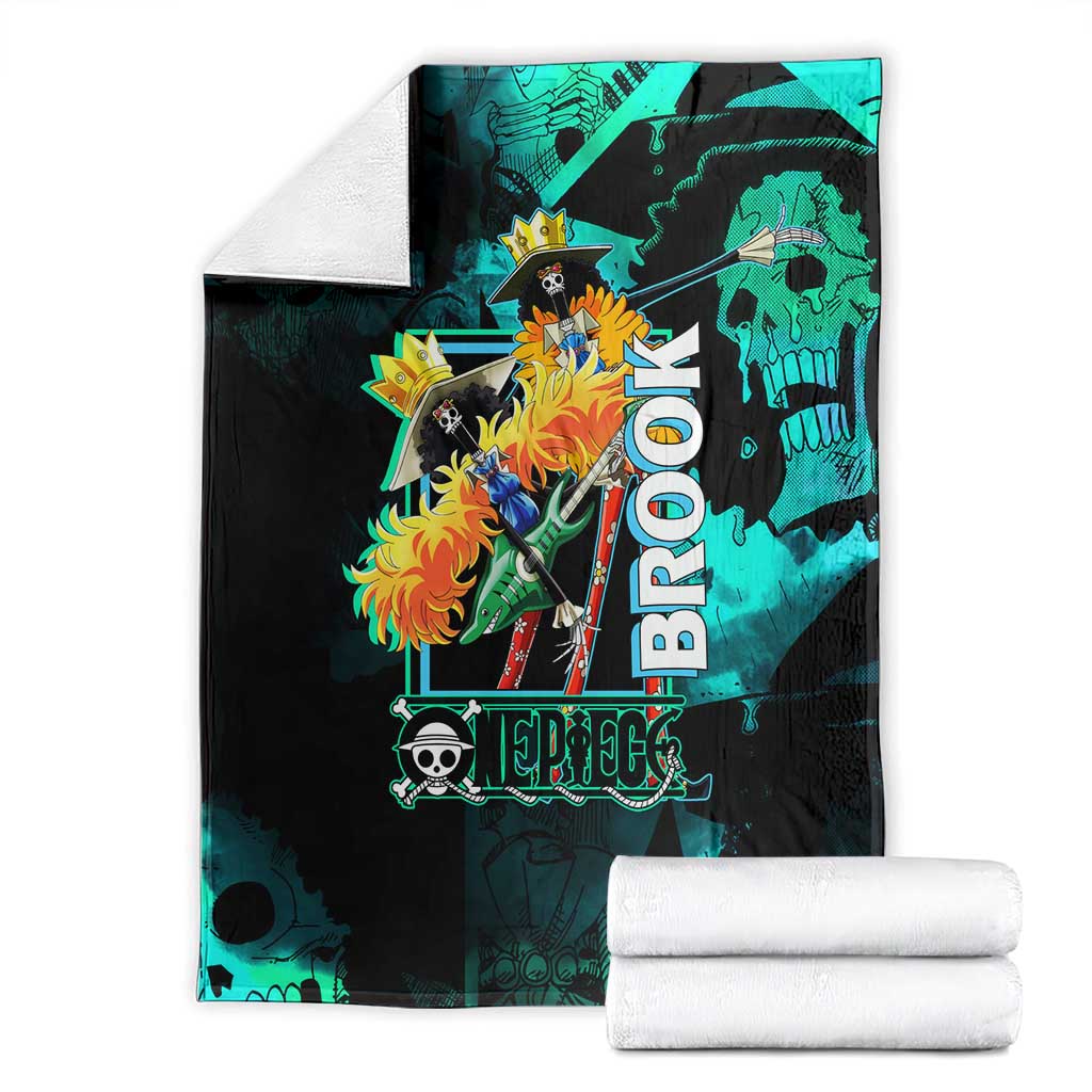 Brook One Piece Green and Black Theme Blanket with Soul King Guitar and Skeleton Jolly Roger Design - The Mazicc
