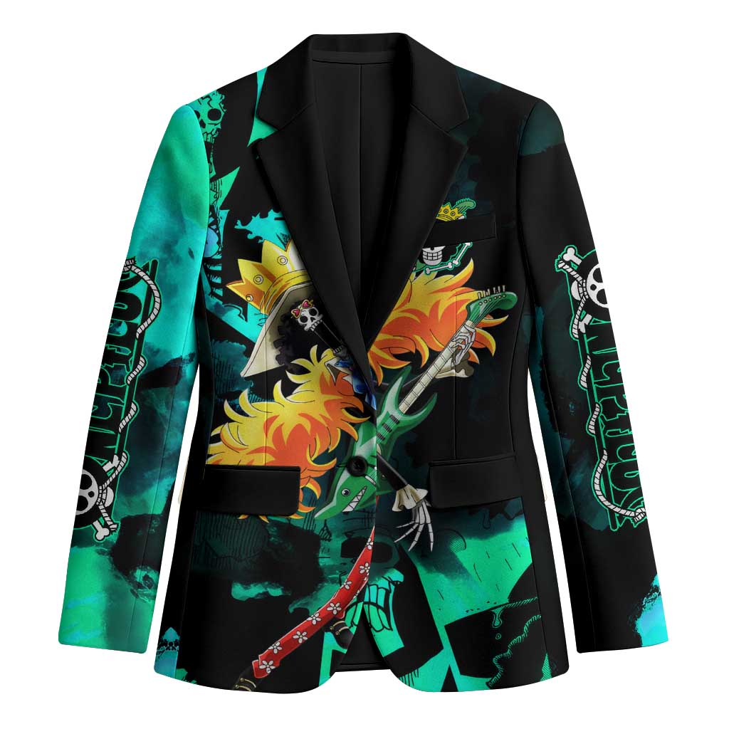 Brook One Piece Green and Black Theme Blazer with Soul King Guitar and Skeleton Jolly Roger Design - The Mazicc