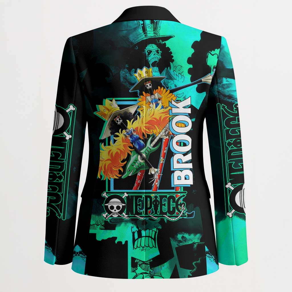 Brook One Piece Green and Black Theme Blazer with Soul King Guitar and Skeleton Jolly Roger Design - The Mazicc