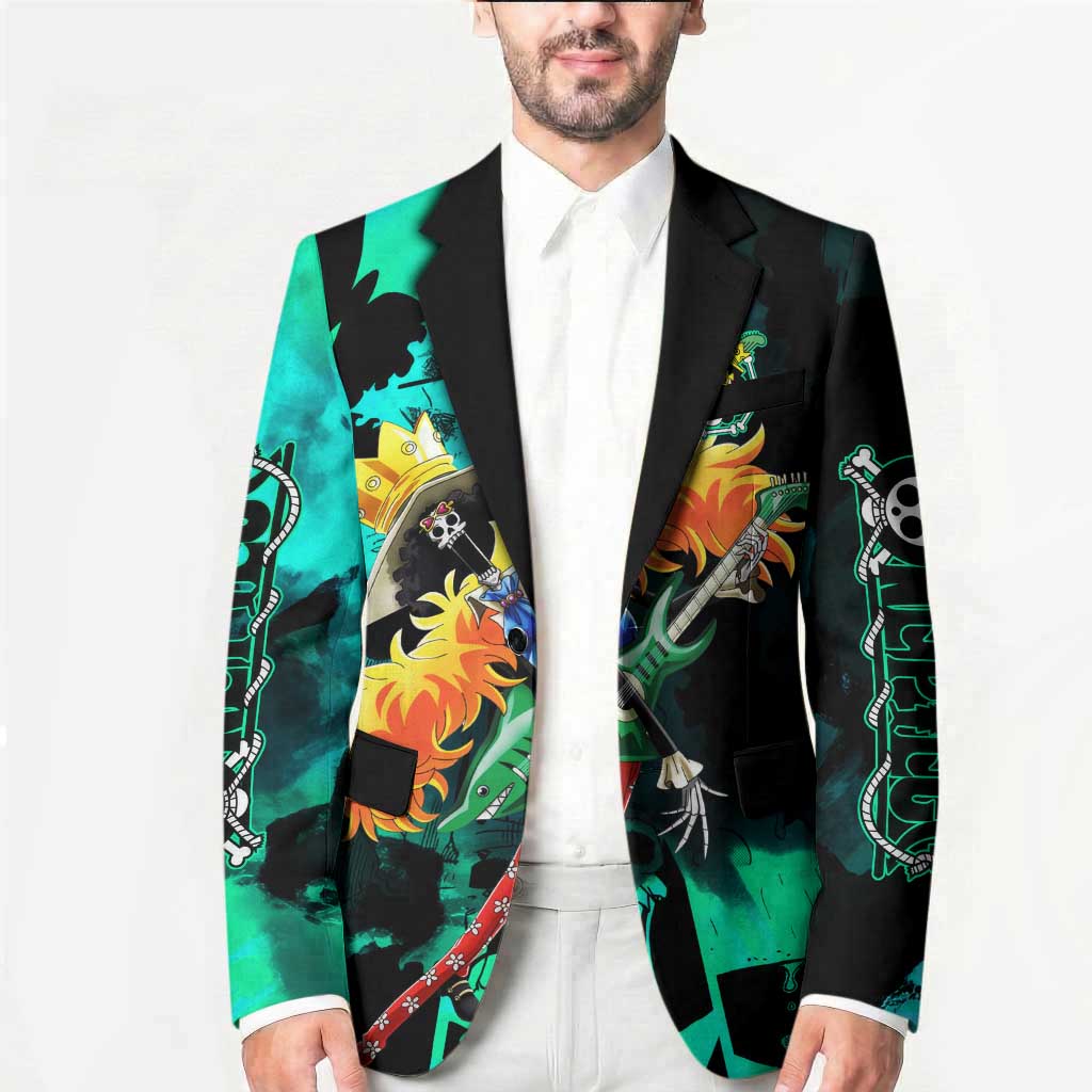 Brook One Piece Green and Black Theme Blazer with Soul King Guitar and Skeleton Jolly Roger Design - The Mazicc