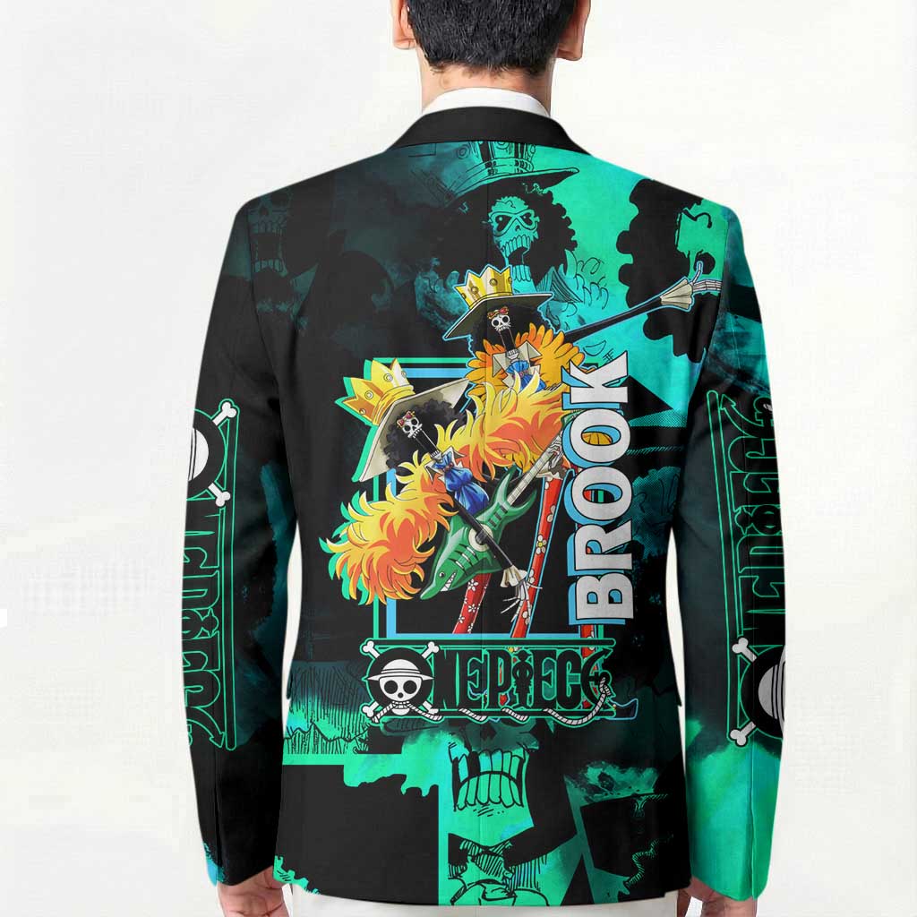 Brook One Piece Green and Black Theme Blazer with Soul King Guitar and Skeleton Jolly Roger Design - The Mazicc