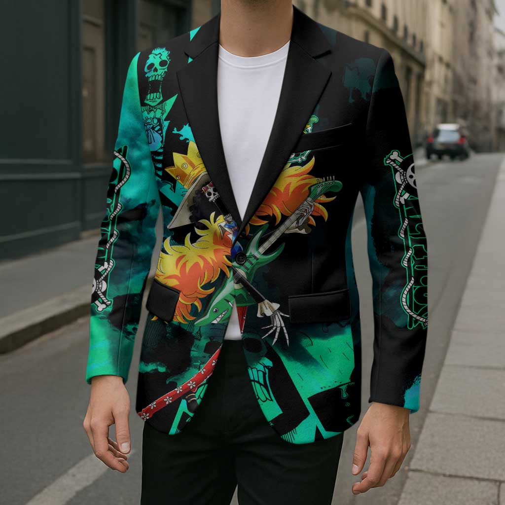 Brook One Piece Green and Black Theme Blazer with Soul King Guitar and Skeleton Jolly Roger Design - The Mazicc