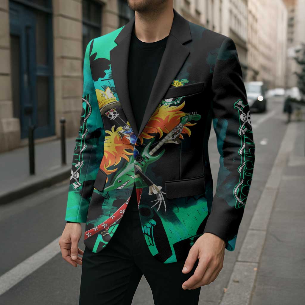 Brook One Piece Green and Black Theme Blazer with Soul King Guitar and Skeleton Jolly Roger Design - The Mazicc