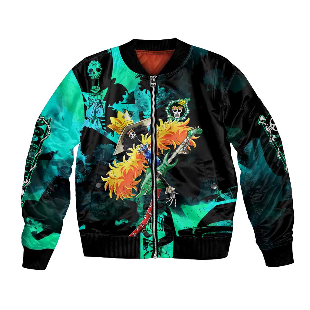 Brook One Piece Green and Black Theme Bomber Jacket with Soul King Guitar and Skeleton Jolly Roger Design - The Mazicc