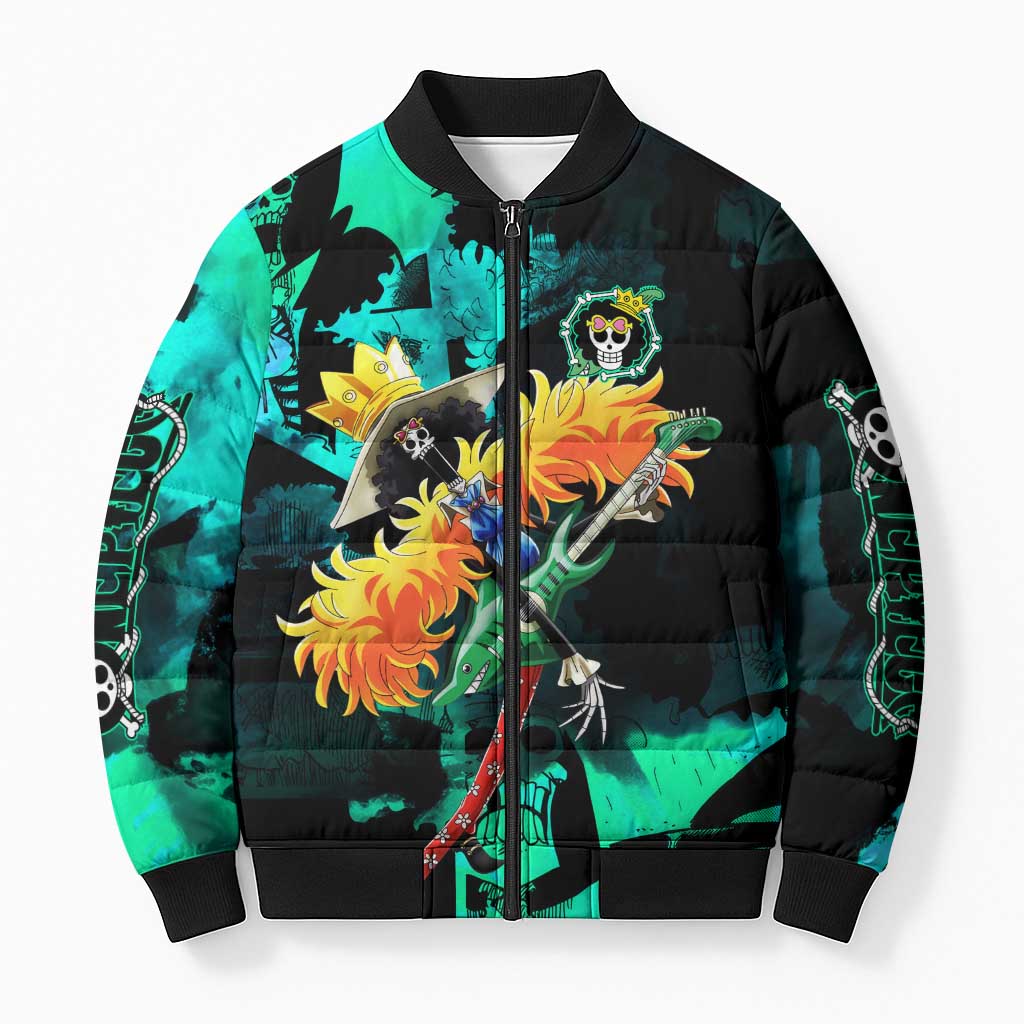 Brook One Piece Green and Black Theme Bomber Puffer Jacket with Soul King Guitar and Skeleton Jolly Roger Design - The Mazicc
