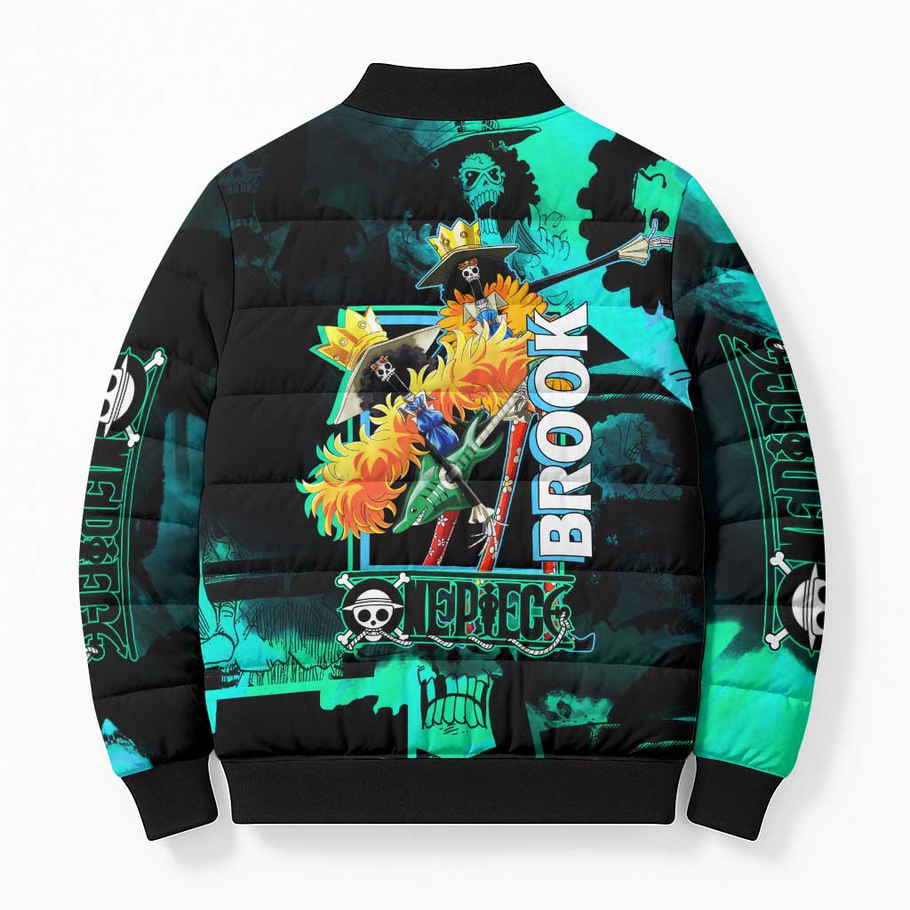 Brook One Piece Green and Black Theme Bomber Puffer Jacket with Soul King Guitar and Skeleton Jolly Roger Design - The Mazicc