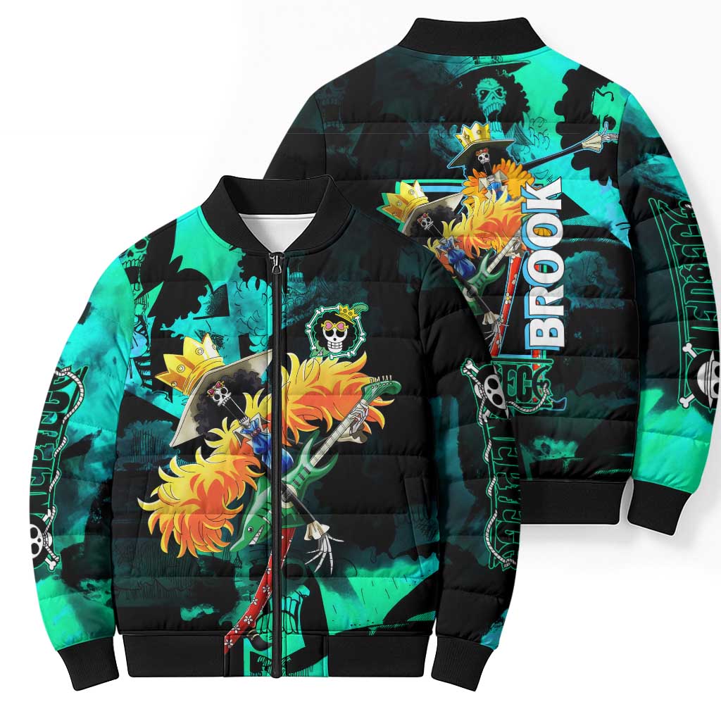 Brook One Piece Green and Black Theme Bomber Puffer Jacket with Soul King Guitar and Skeleton Jolly Roger Design - The Mazicc