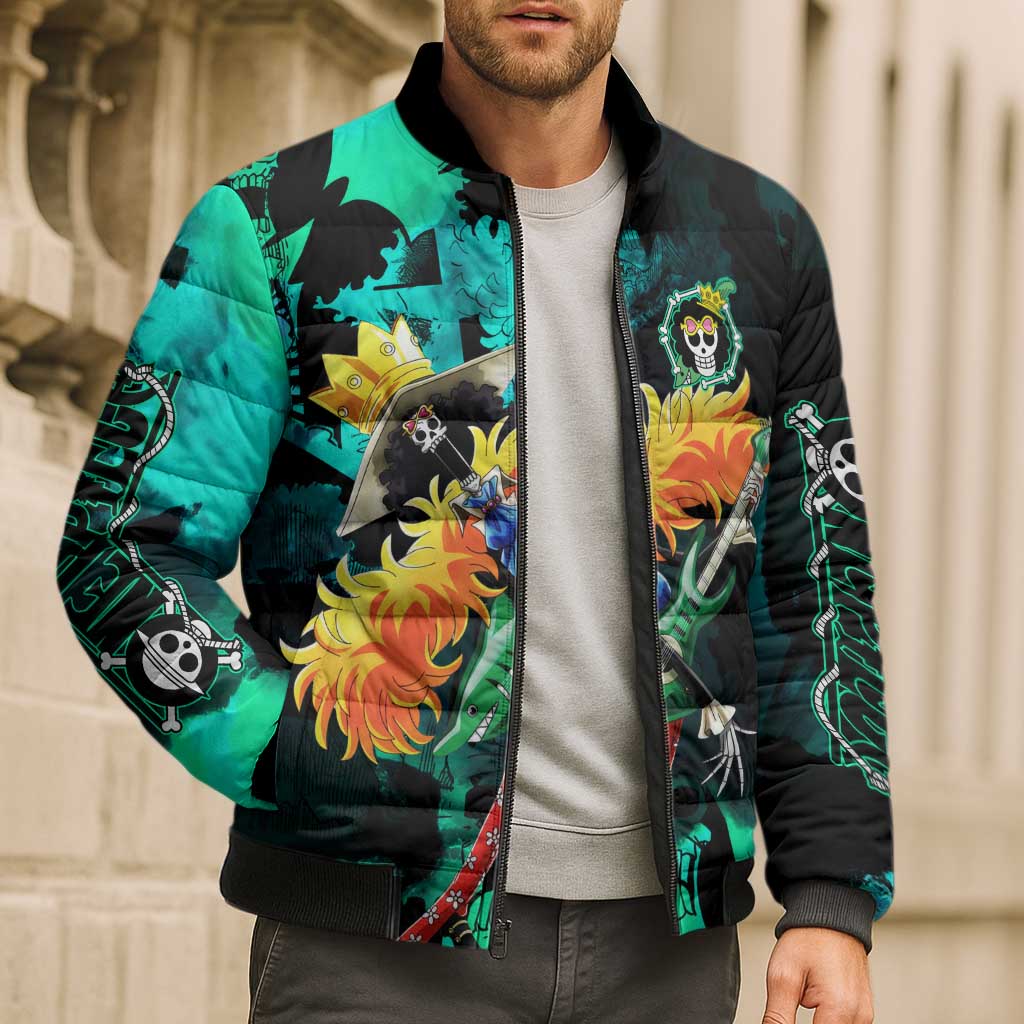 Brook One Piece Green and Black Theme Bomber Puffer Jacket with Soul King Guitar and Skeleton Jolly Roger Design - The Mazicc