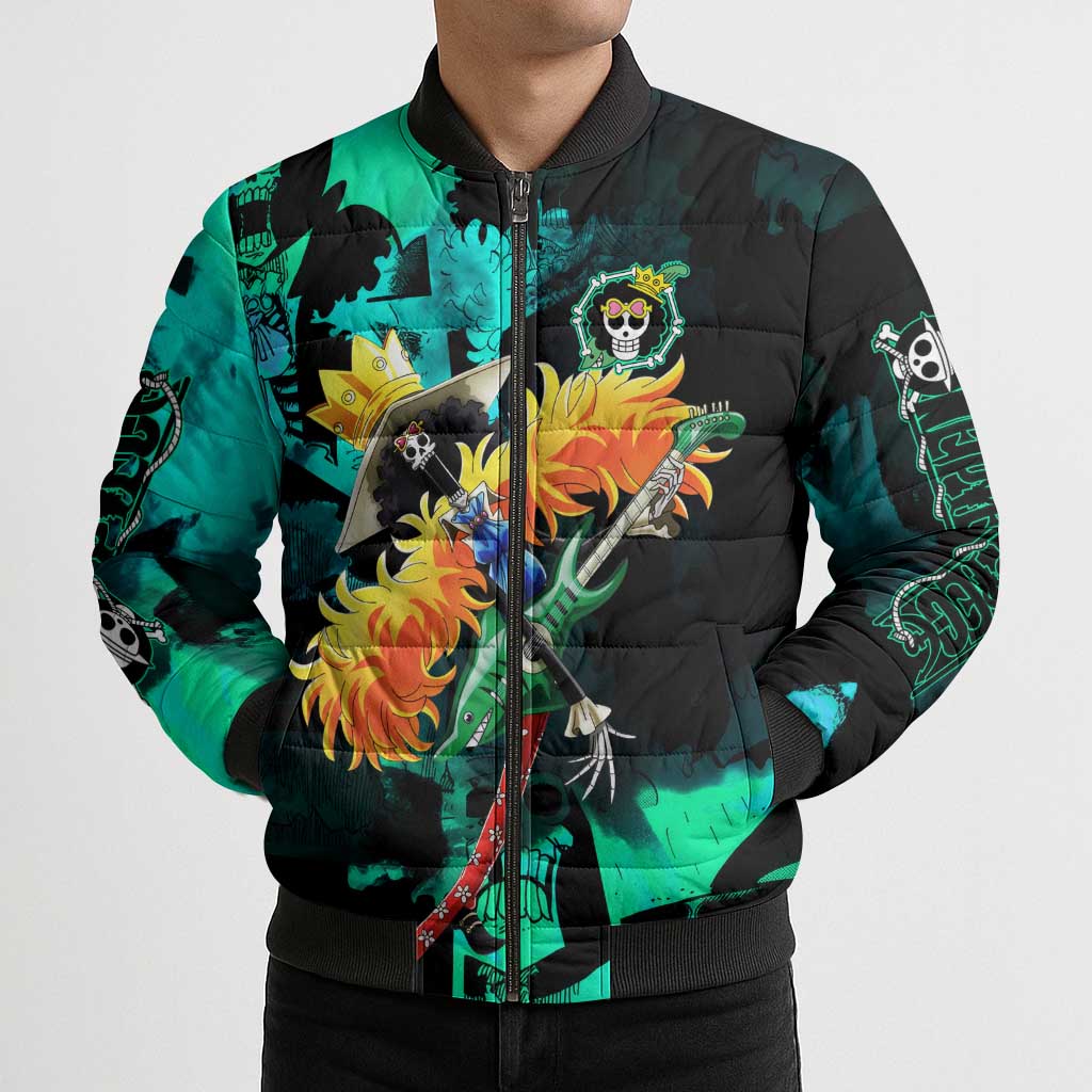 Brook One Piece Green and Black Theme Bomber Puffer Jacket with Soul King Guitar and Skeleton Jolly Roger Design - The Mazicc