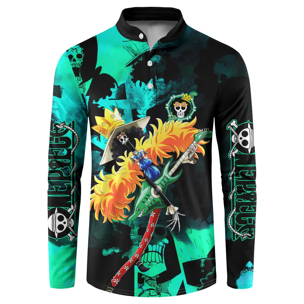 Brook One Piece Green and Black Theme Button Sweatshirt with Soul King Guitar and Skeleton Jolly Roger Design - The Mazicc