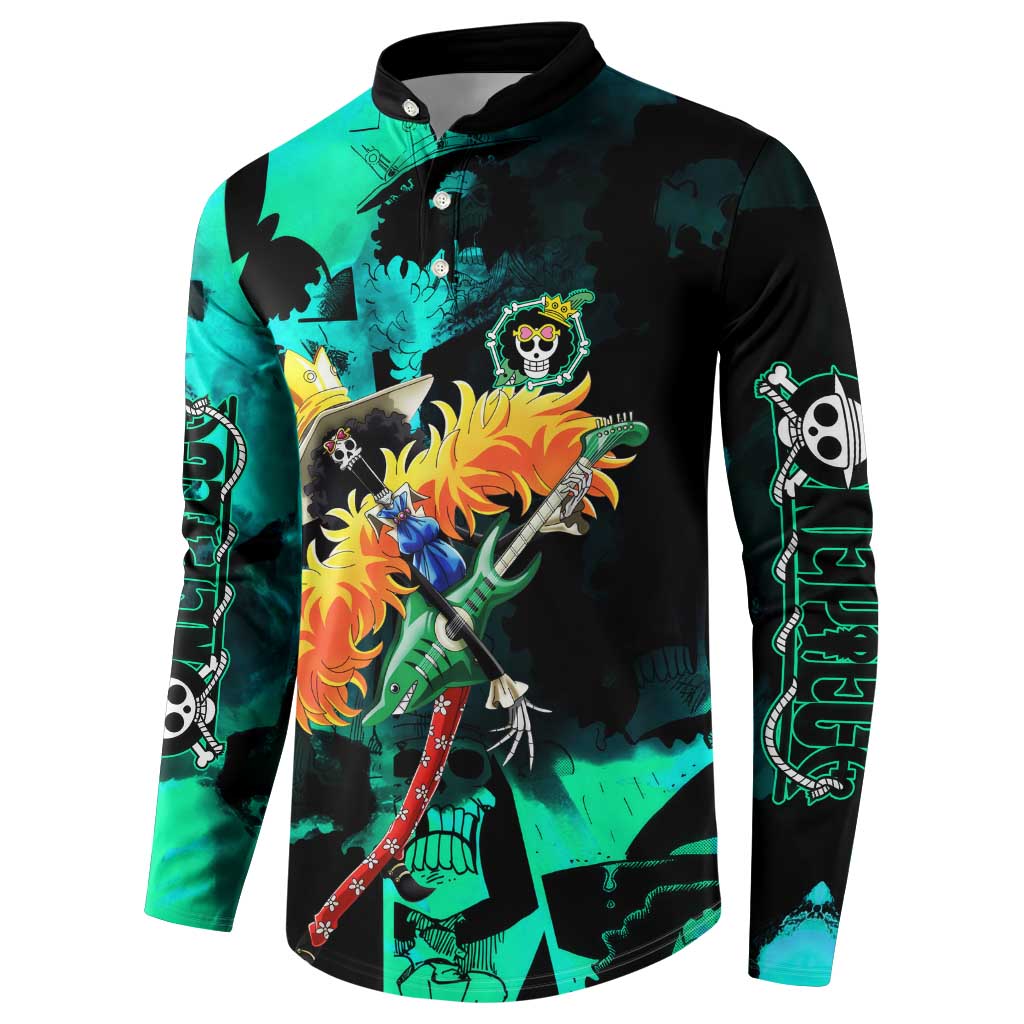 Brook One Piece Green and Black Theme Button Sweatshirt with Soul King Guitar and Skeleton Jolly Roger Design - The Mazicc