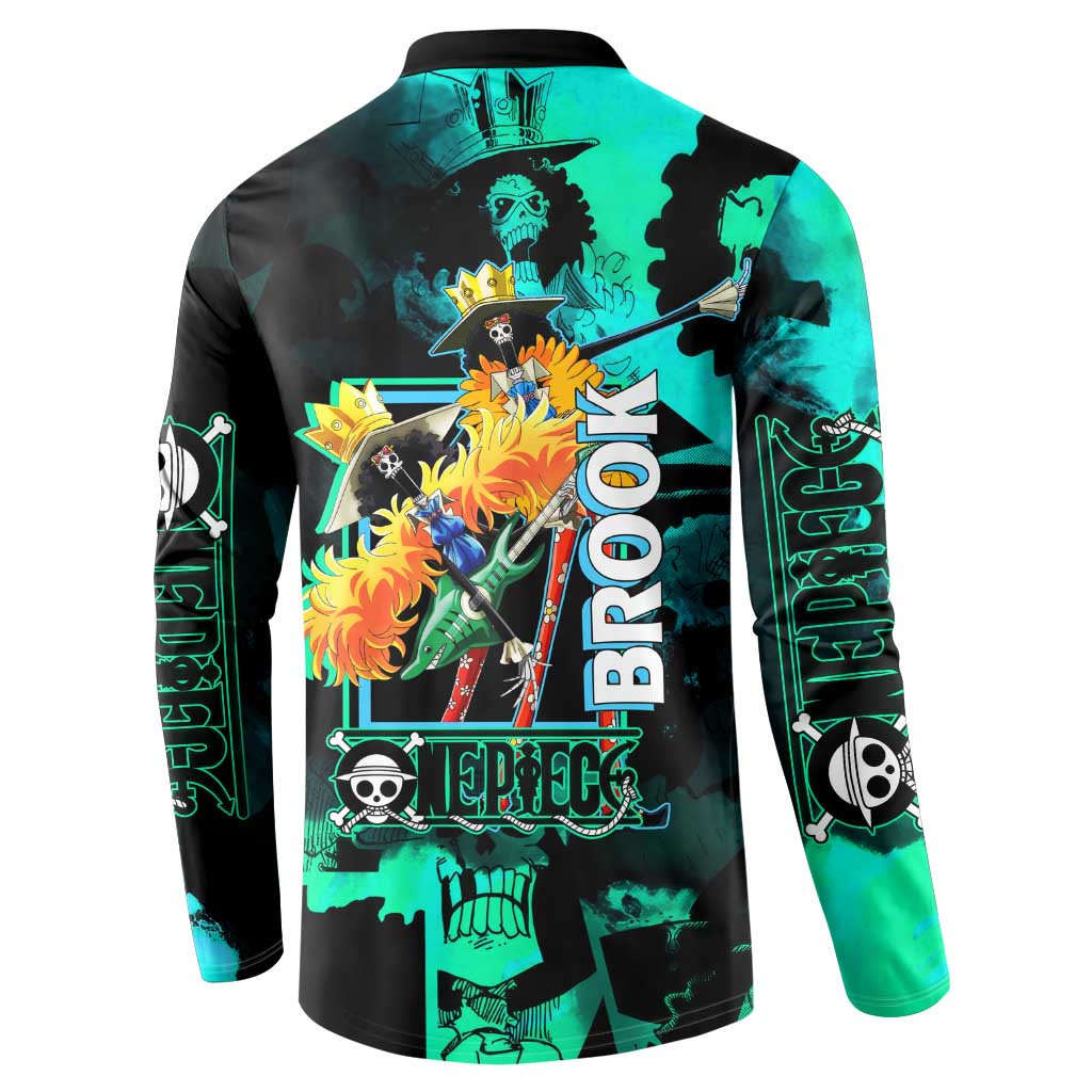 Brook One Piece Green and Black Theme Button Sweatshirt with Soul King Guitar and Skeleton Jolly Roger Design - The Mazicc