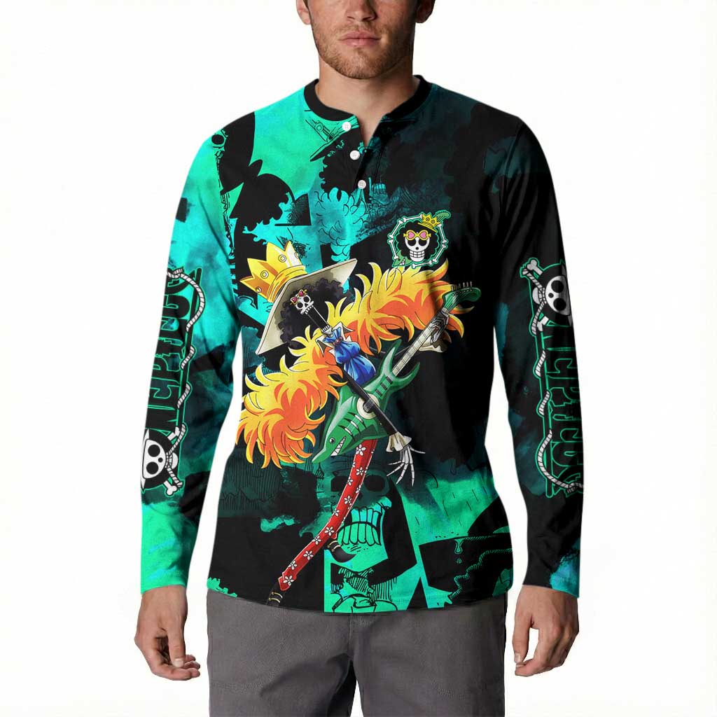 Brook One Piece Green and Black Theme Button Sweatshirt with Soul King Guitar and Skeleton Jolly Roger Design - The Mazicc