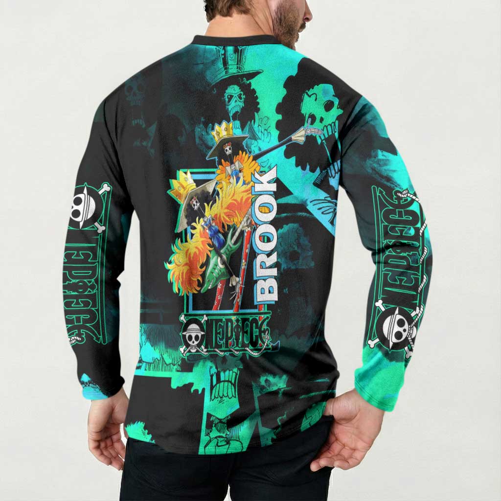 Brook One Piece Green and Black Theme Button Sweatshirt with Soul King Guitar and Skeleton Jolly Roger Design - The Mazicc