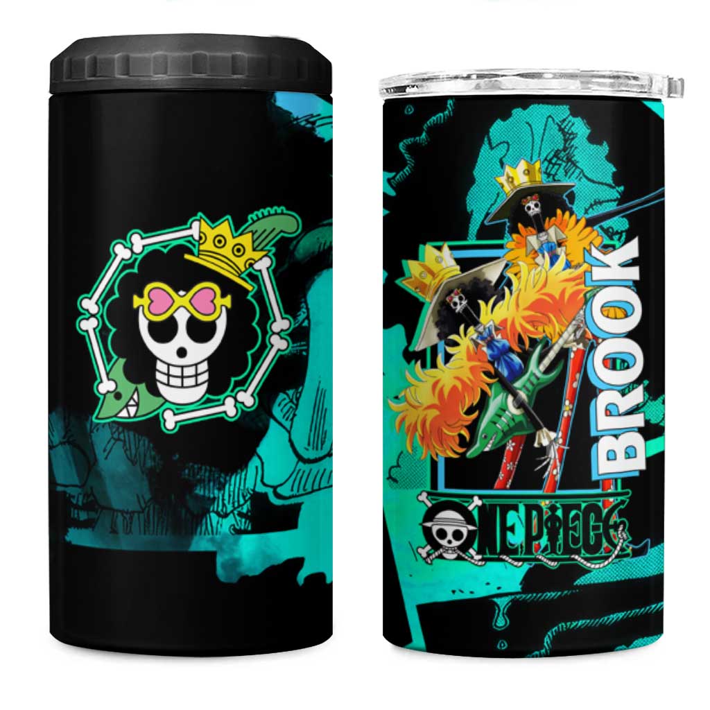 Brook One Piece Green and Black Theme 4 in 1 Can Cooler Tumbler with Soul King Guitar and Skeleton Jolly Roger Design - The Mazicc