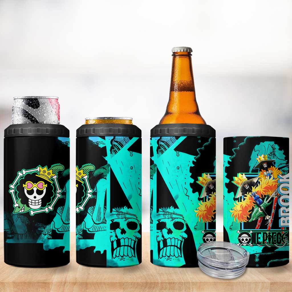 Brook One Piece Green and Black Theme 4 in 1 Can Cooler Tumbler with Soul King Guitar and Skeleton Jolly Roger Design - The Mazicc