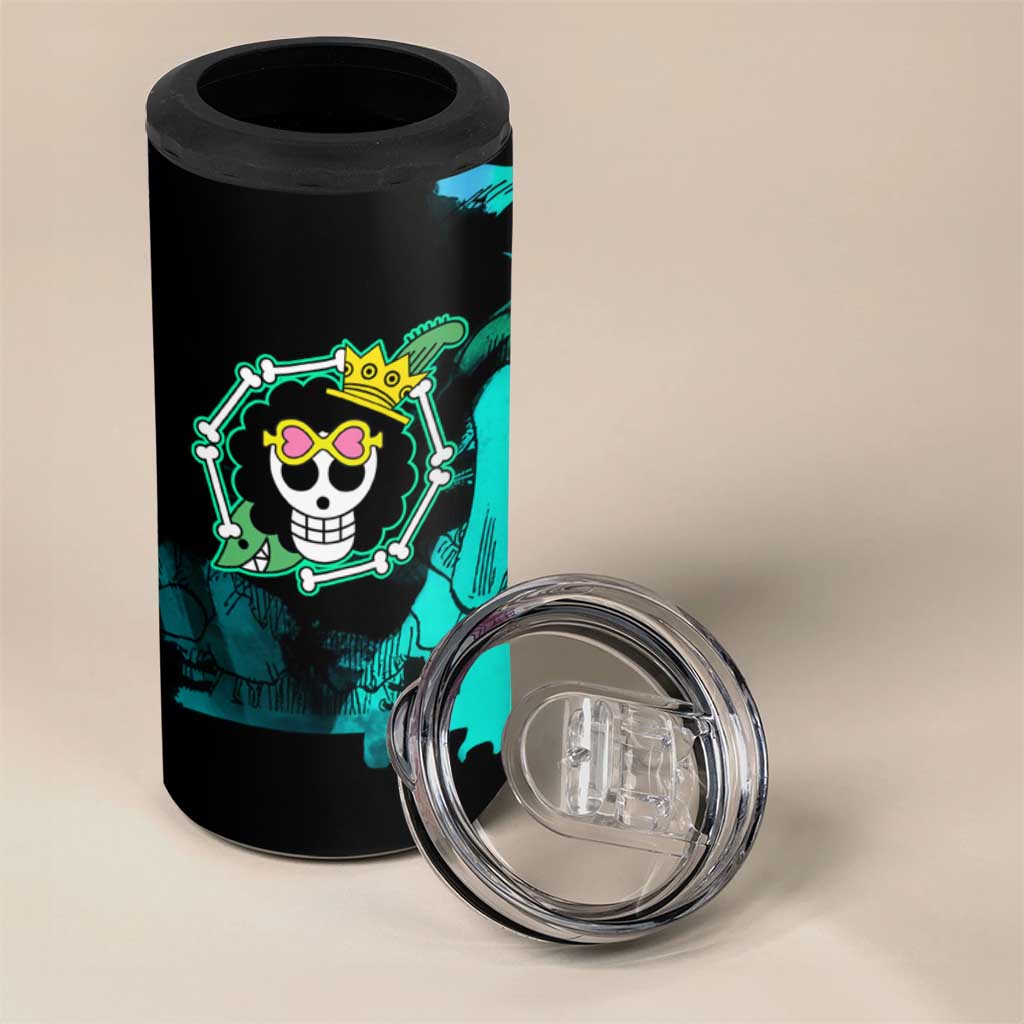 Brook One Piece Green and Black Theme 4 in 1 Can Cooler Tumbler with Soul King Guitar and Skeleton Jolly Roger Design - The Mazicc