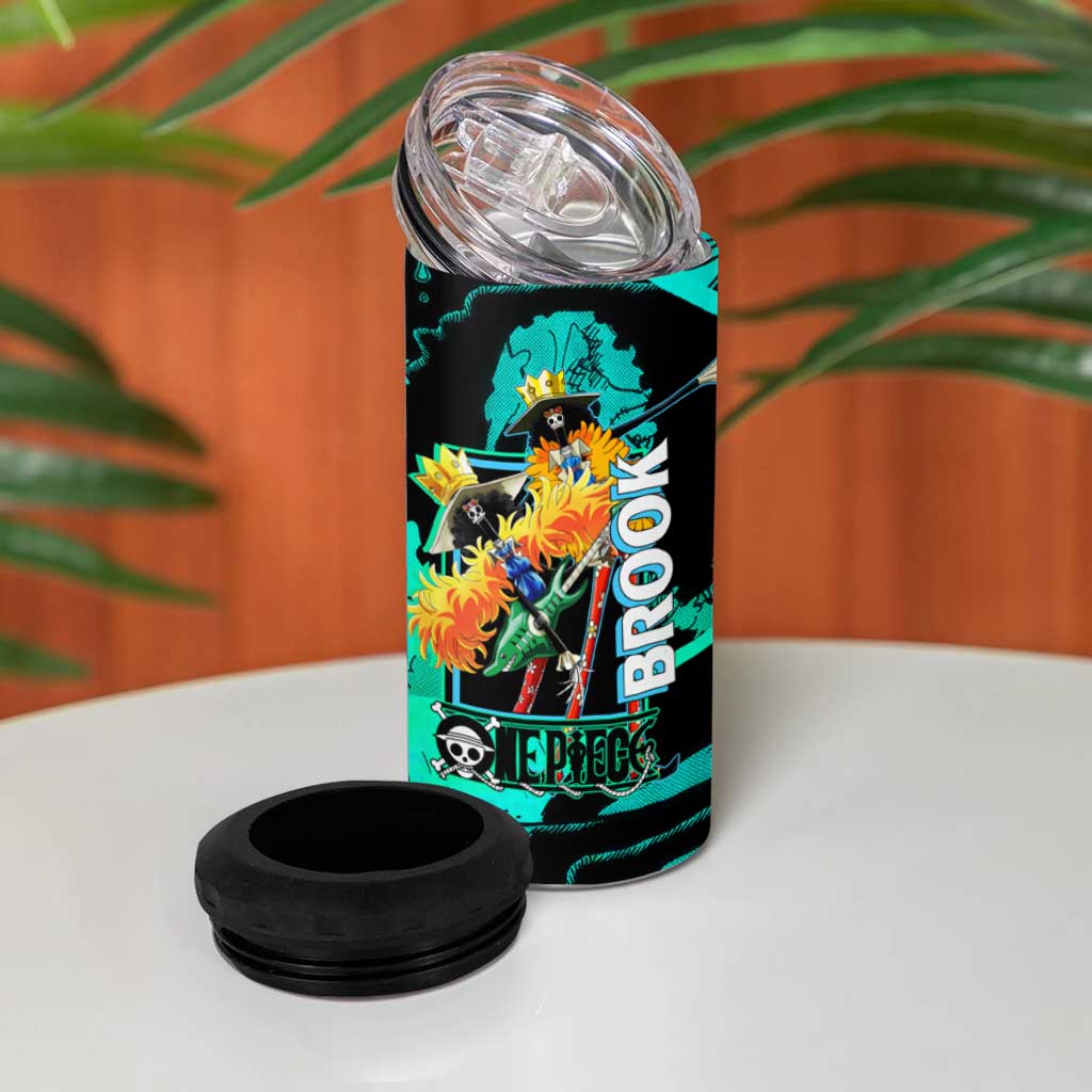 Brook One Piece Green and Black Theme 4 in 1 Can Cooler Tumbler with Soul King Guitar and Skeleton Jolly Roger Design - The Mazicc