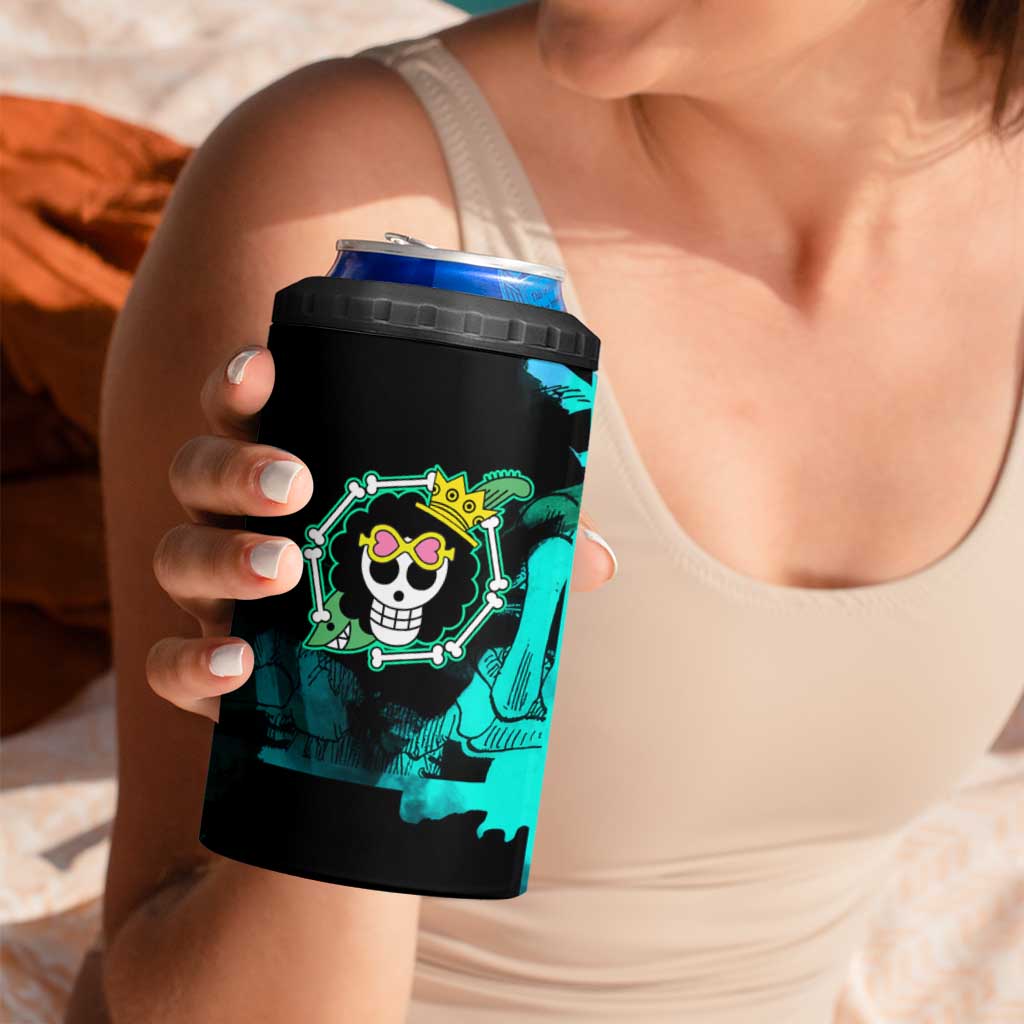 Brook One Piece Green and Black Theme 4 in 1 Can Cooler Tumbler with Soul King Guitar and Skeleton Jolly Roger Design - The Mazicc