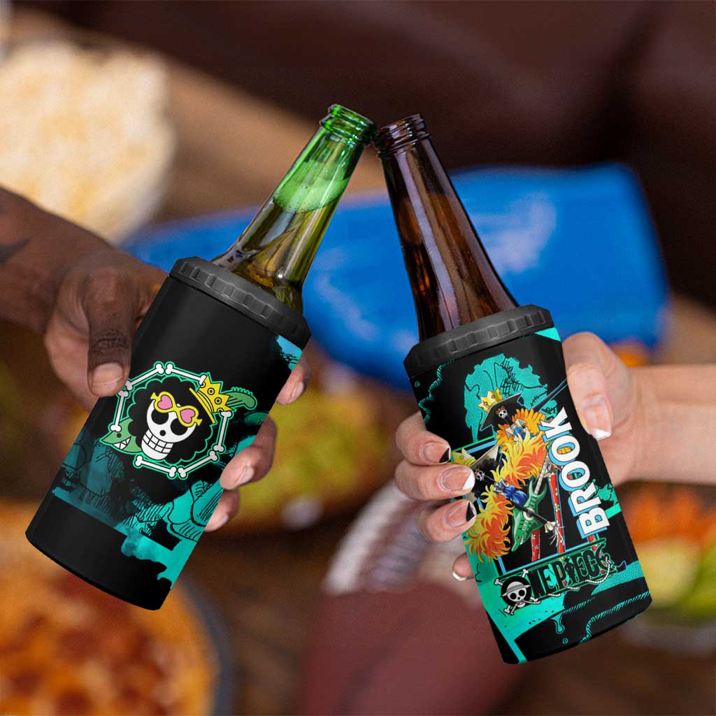 Brook One Piece Green and Black Theme 4 in 1 Can Cooler Tumbler with Soul King Guitar and Skeleton Jolly Roger Design - The Mazicc