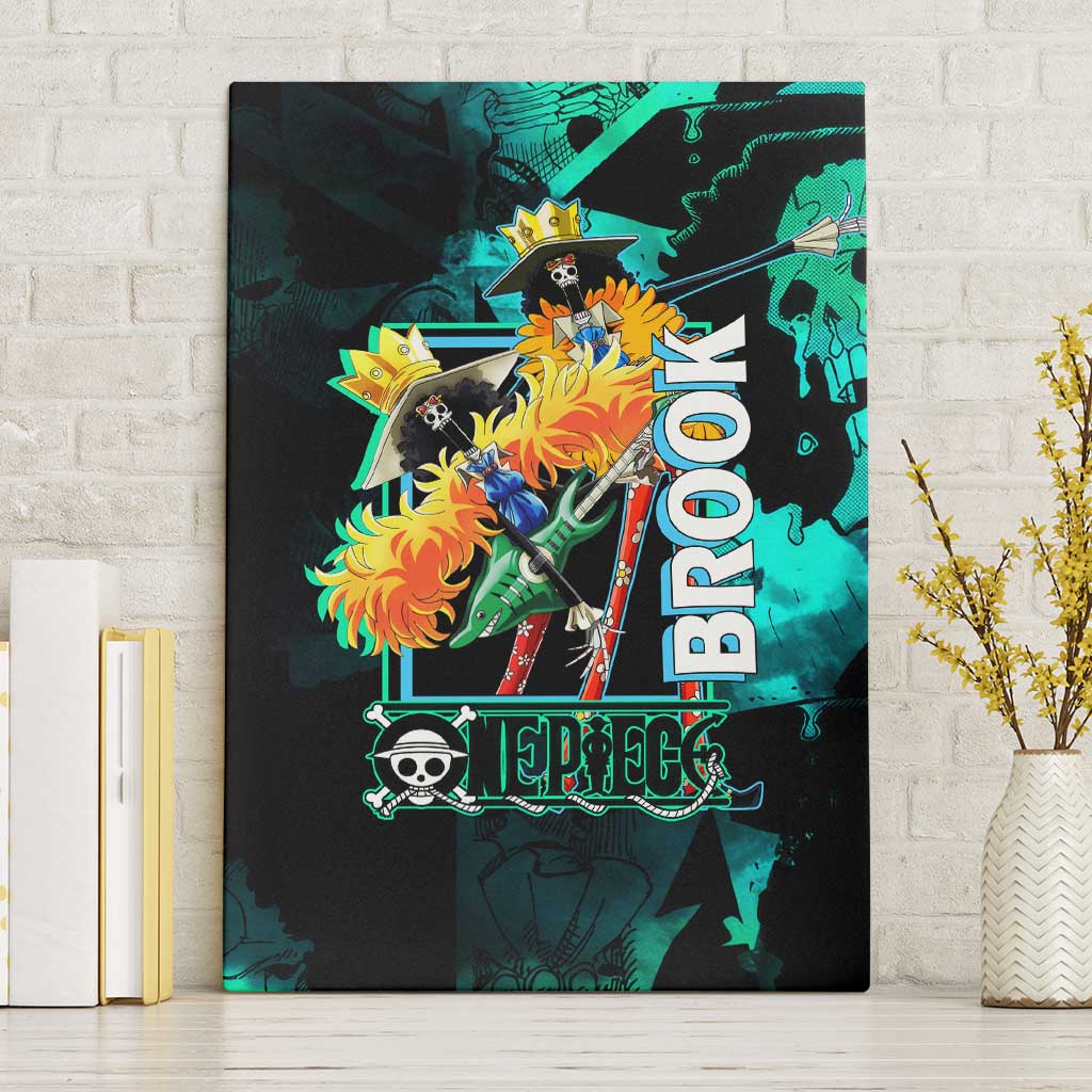 Brook One Piece Green and Black Theme Canvas Wall Art with Soul King Guitar and Skeleton Jolly Roger Design - The Mazicc