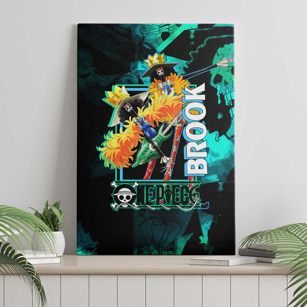 Brook One Piece Green and Black Theme Canvas Wall Art with Soul King Guitar and Skeleton Jolly Roger Design - The Mazicc