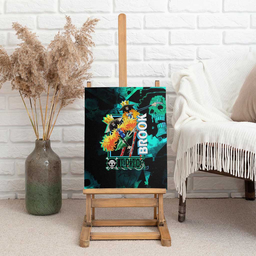 Brook One Piece Green and Black Theme Canvas Wall Art with Soul King Guitar and Skeleton Jolly Roger Design - The Mazicc