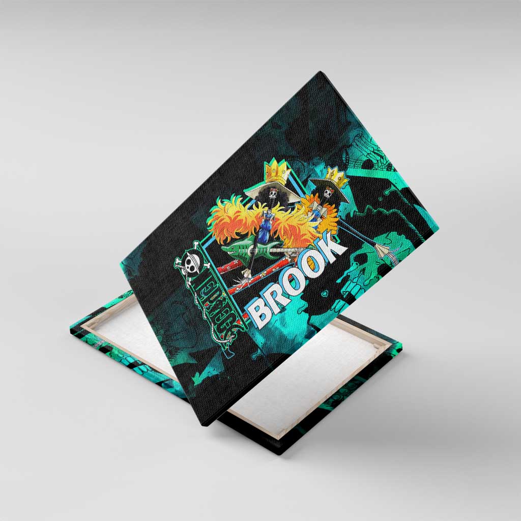 Brook One Piece Green and Black Theme Canvas Wall Art with Soul King Guitar and Skeleton Jolly Roger Design - The Mazicc