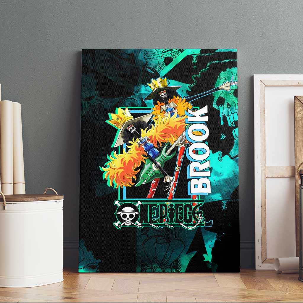 Brook One Piece Green and Black Theme Canvas Wall Art with Soul King Guitar and Skeleton Jolly Roger Design - The Mazicc