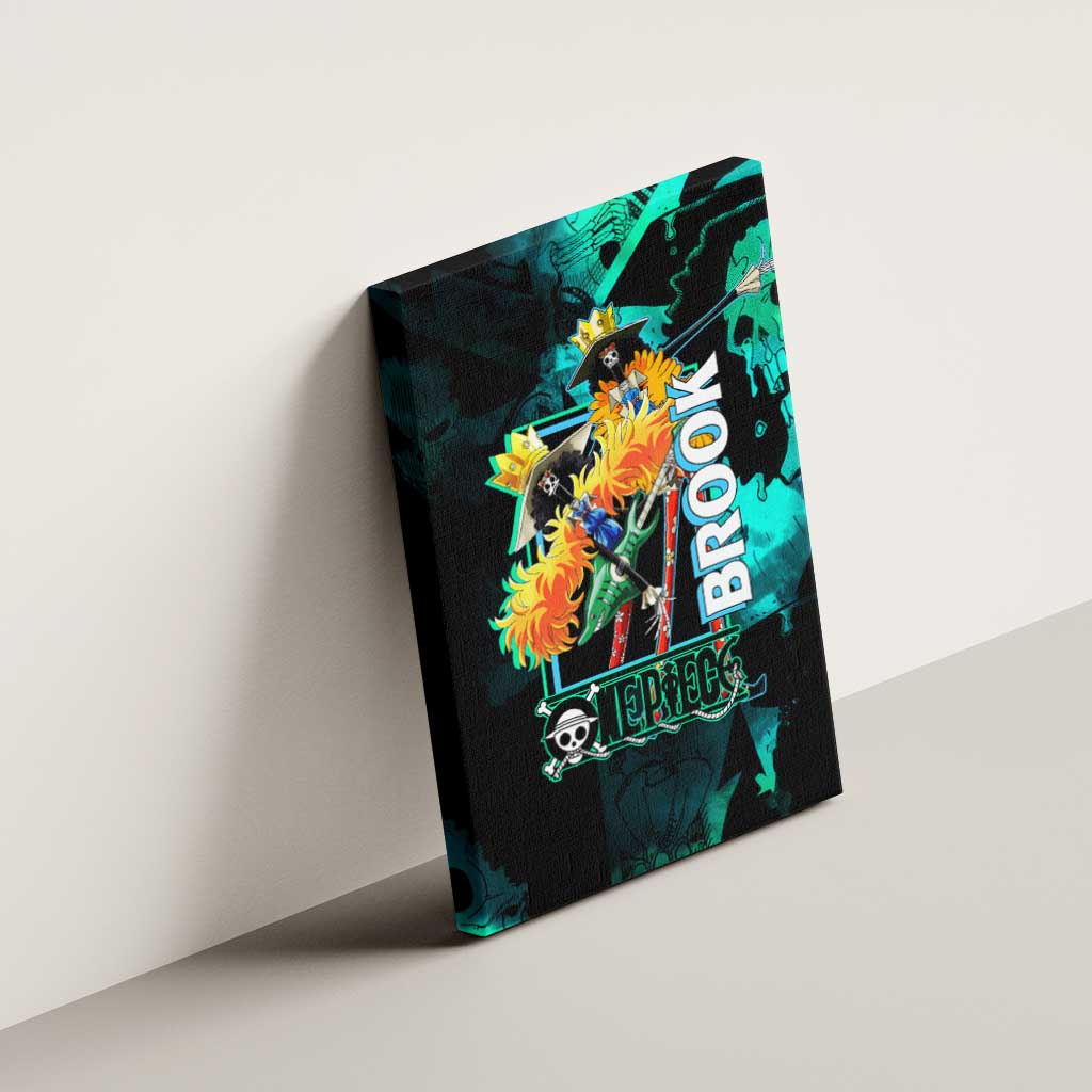 Brook One Piece Green and Black Theme Canvas Wall Art with Soul King Guitar and Skeleton Jolly Roger Design - The Mazicc