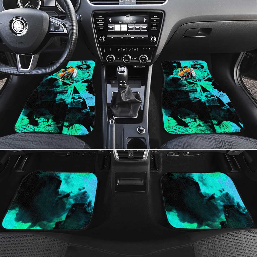 Brook One Piece Green and Black Theme Car Mats with Soul King Guitar and Skeleton Jolly Roger Design - The Mazicc