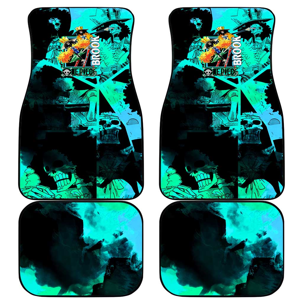 Brook One Piece Green and Black Theme Car Mats with Soul King Guitar and Skeleton Jolly Roger Design - The Mazicc