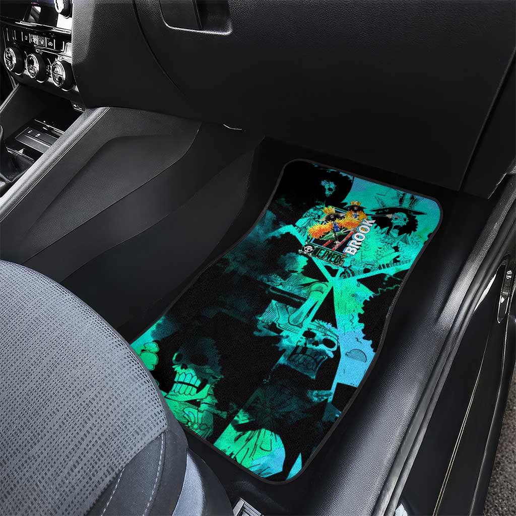 Brook One Piece Green and Black Theme Car Mats with Soul King Guitar and Skeleton Jolly Roger Design - The Mazicc