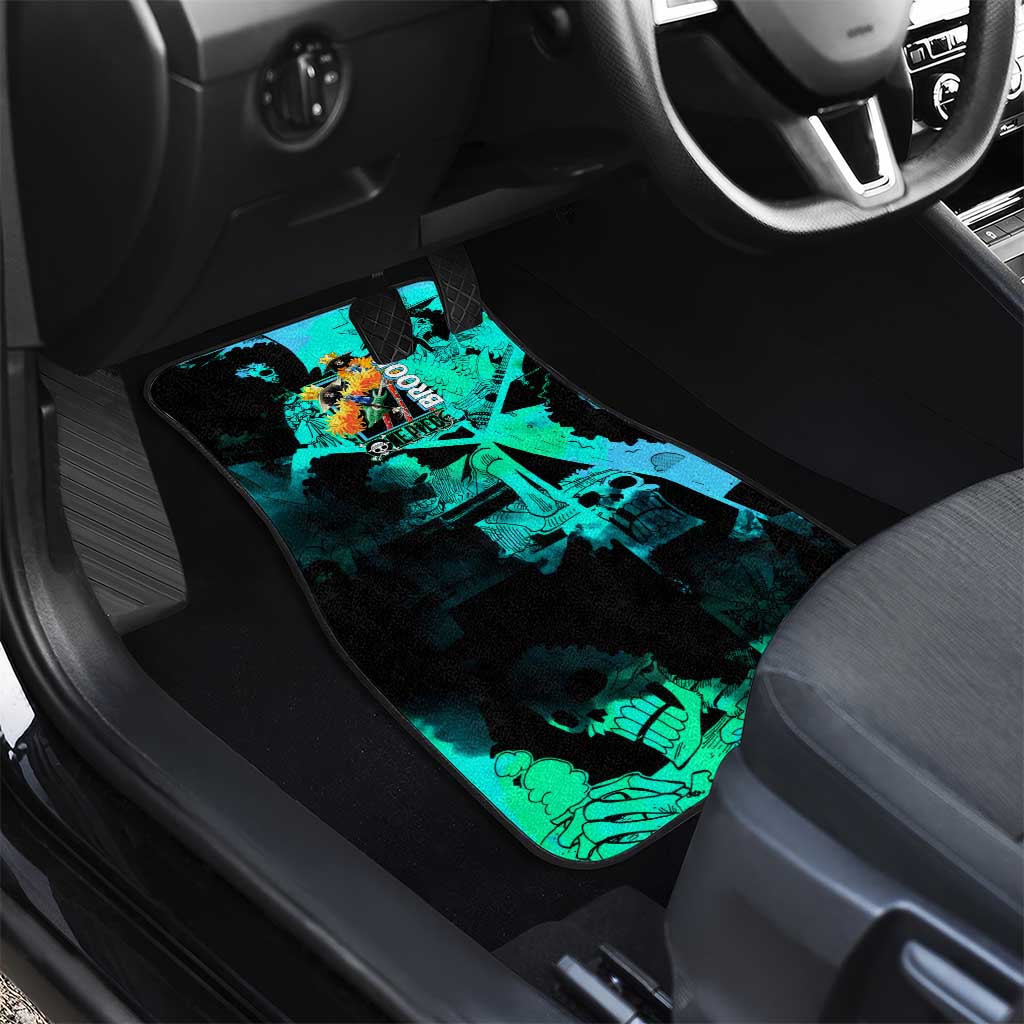 Brook One Piece Green and Black Theme Car Mats with Soul King Guitar and Skeleton Jolly Roger Design - The Mazicc