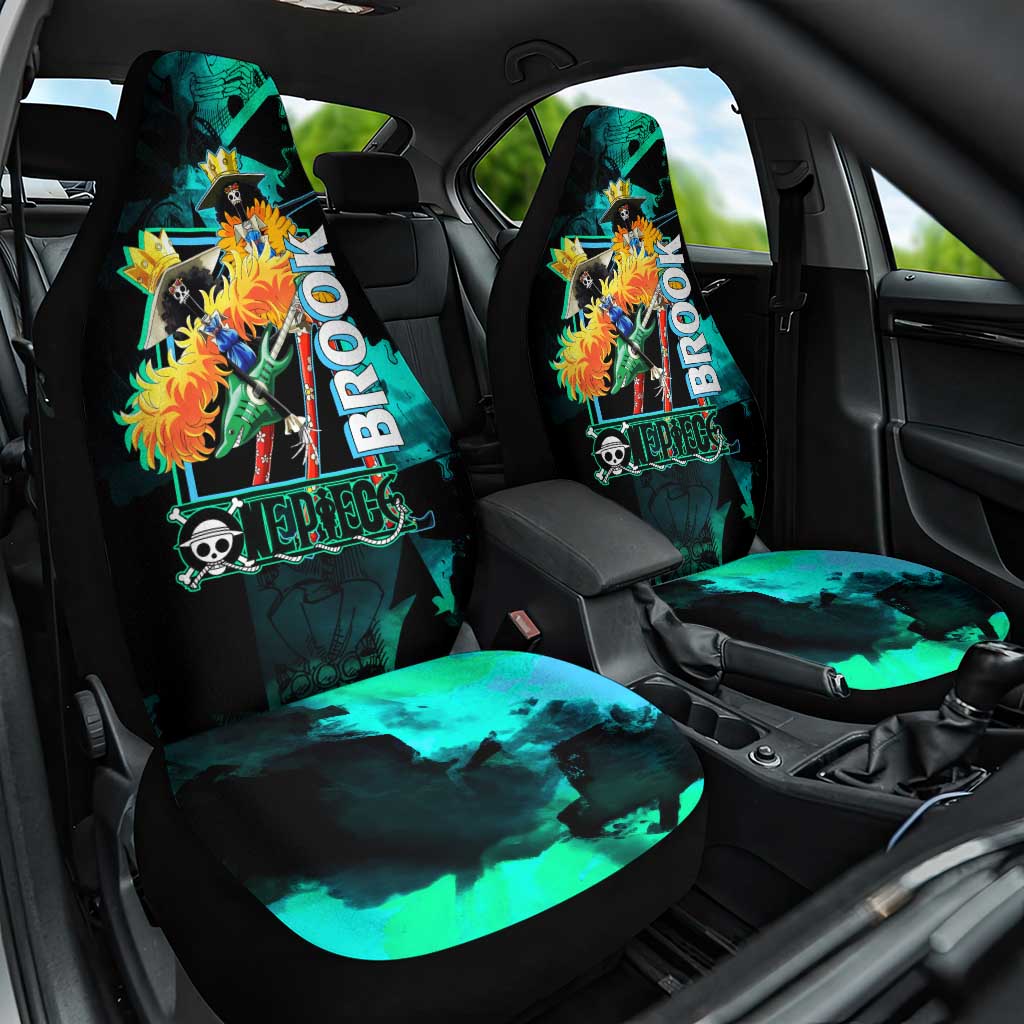 Brook One Piece Green and Black Theme Car Seat Cover with Soul King Guitar and Skeleton Jolly Roger Design - The Mazicc