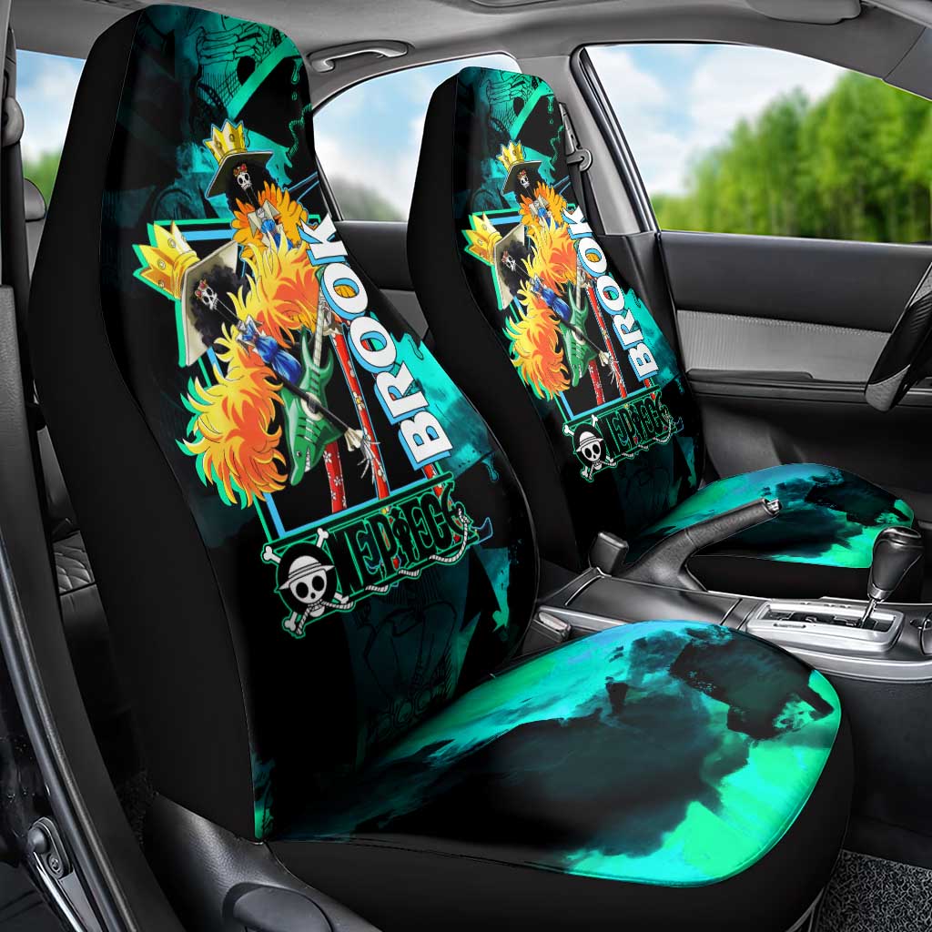 Brook One Piece Green and Black Theme Car Seat Cover with Soul King Guitar and Skeleton Jolly Roger Design - The Mazicc