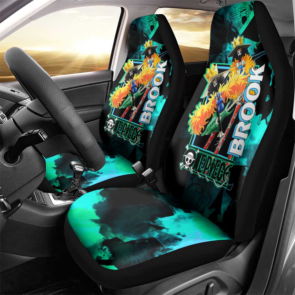 Brook One Piece Green and Black Theme Car Seat Cover with Soul King Guitar and Skeleton Jolly Roger Design - The Mazicc