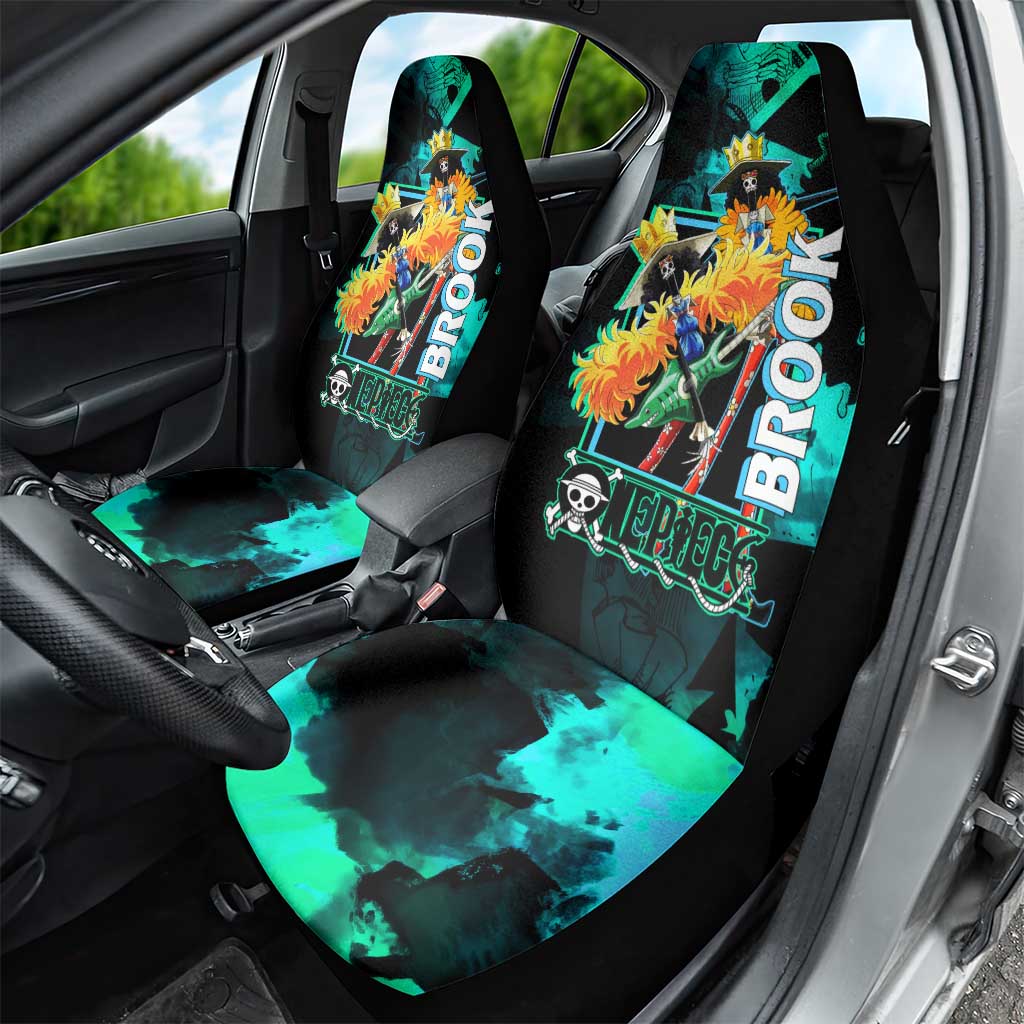 Brook One Piece Green and Black Theme Car Seat Cover with Soul King Guitar and Skeleton Jolly Roger Design - The Mazicc