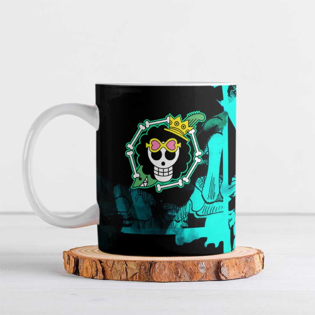 Brook One Piece Green and Black Theme Ceramic Mug with Soul King Guitar and Skeleton Jolly Roger Design - The Mazicc