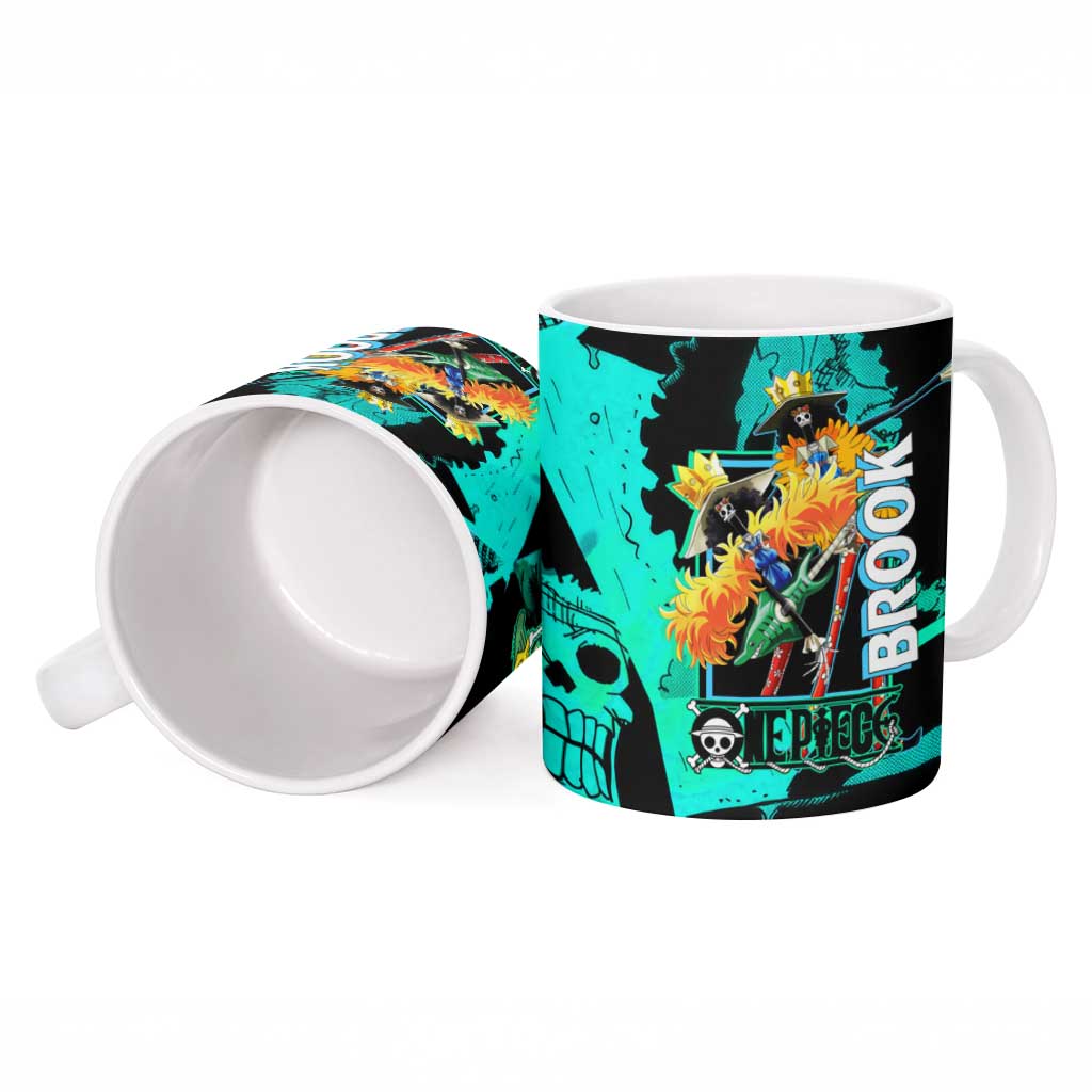 Brook One Piece Green and Black Theme Ceramic Mug with Soul King Guitar and Skeleton Jolly Roger Design - The Mazicc