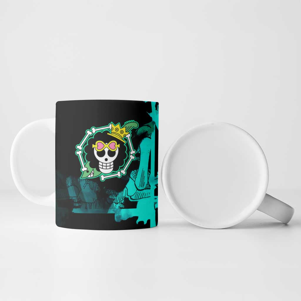 Brook One Piece Green and Black Theme Ceramic Mug with Soul King Guitar and Skeleton Jolly Roger Design - The Mazicc
