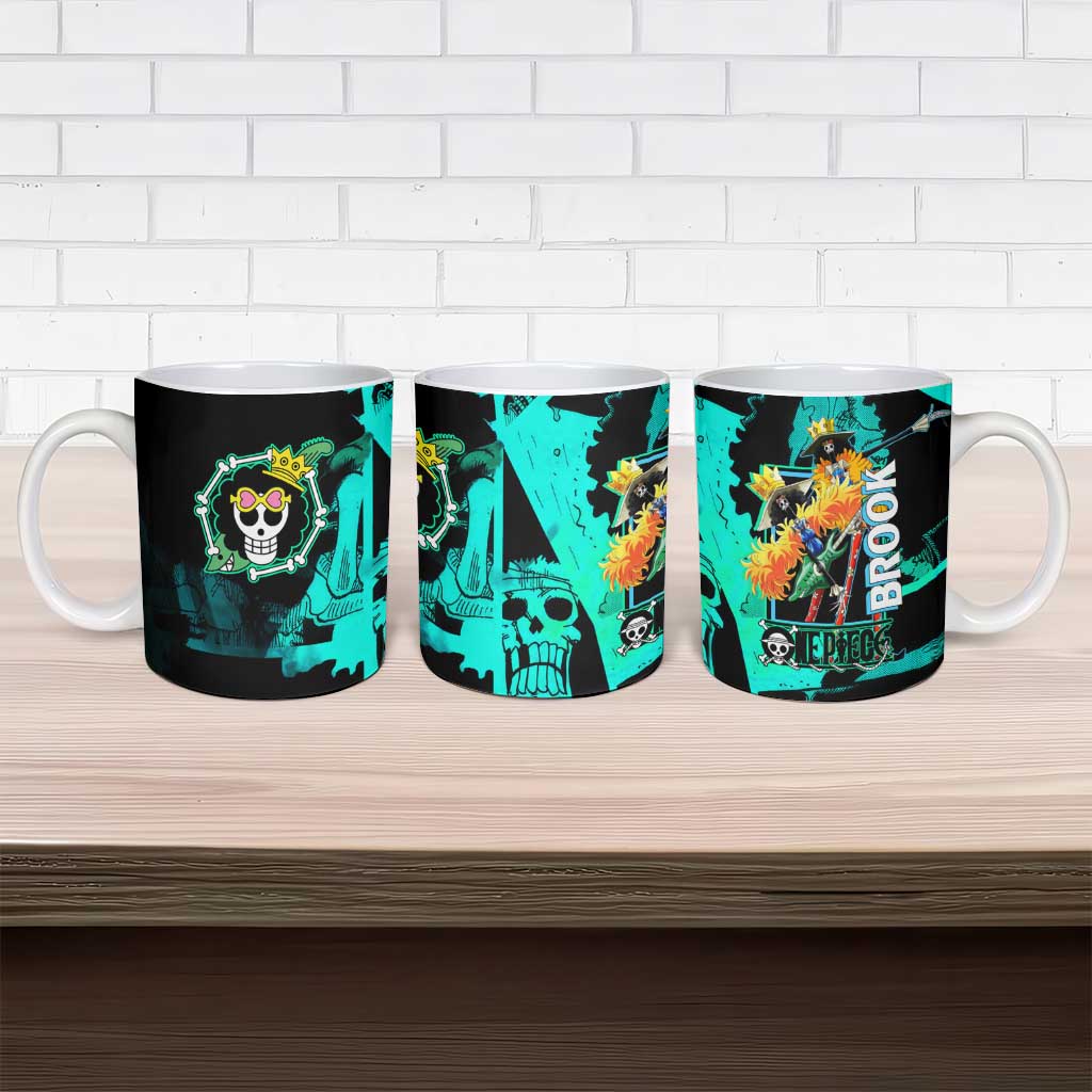 Brook One Piece Green and Black Theme Ceramic Mug with Soul King Guitar and Skeleton Jolly Roger Design - The Mazicc