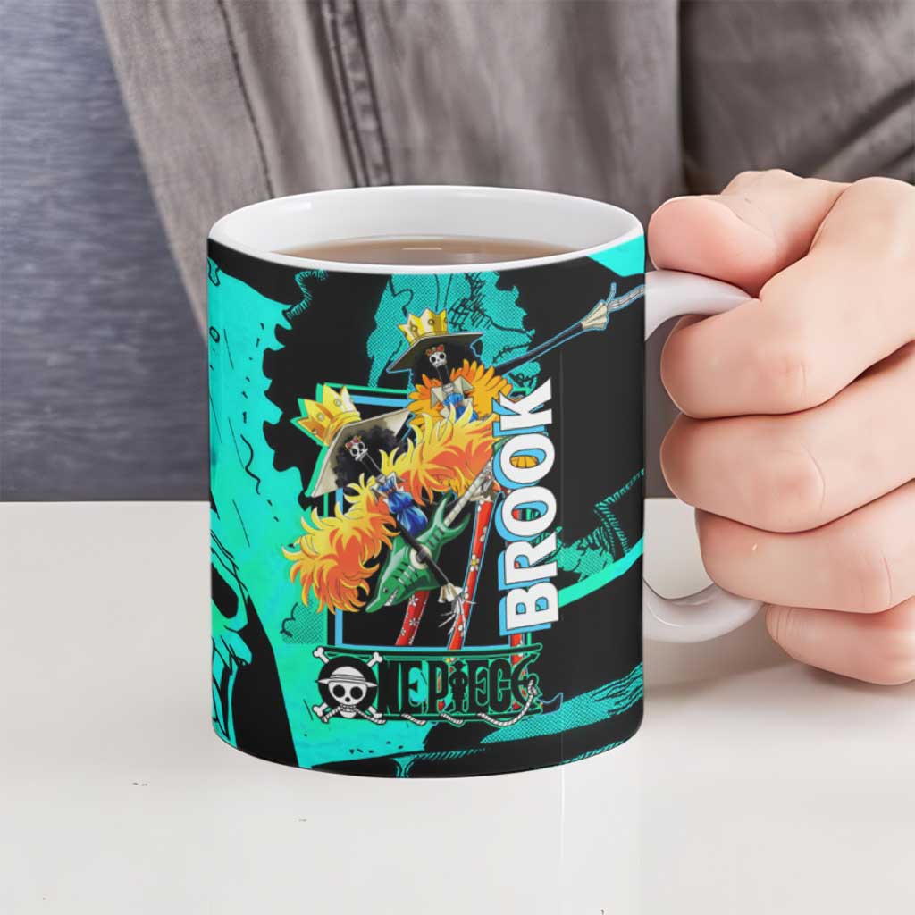 Brook One Piece Green and Black Theme Ceramic Mug with Soul King Guitar and Skeleton Jolly Roger Design - The Mazicc