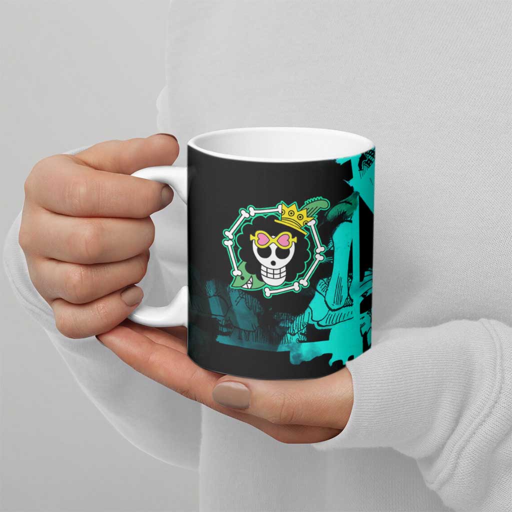 Brook One Piece Green and Black Theme Ceramic Mug with Soul King Guitar and Skeleton Jolly Roger Design - The Mazicc