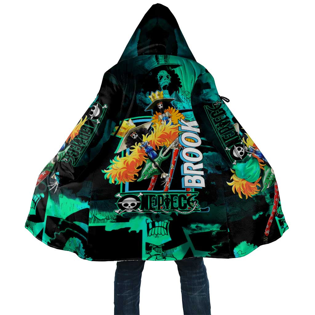 Brook One Piece Green and Black Theme Cloak with Soul King Guitar and Skeleton Jolly Roger Design - The Mazicc
