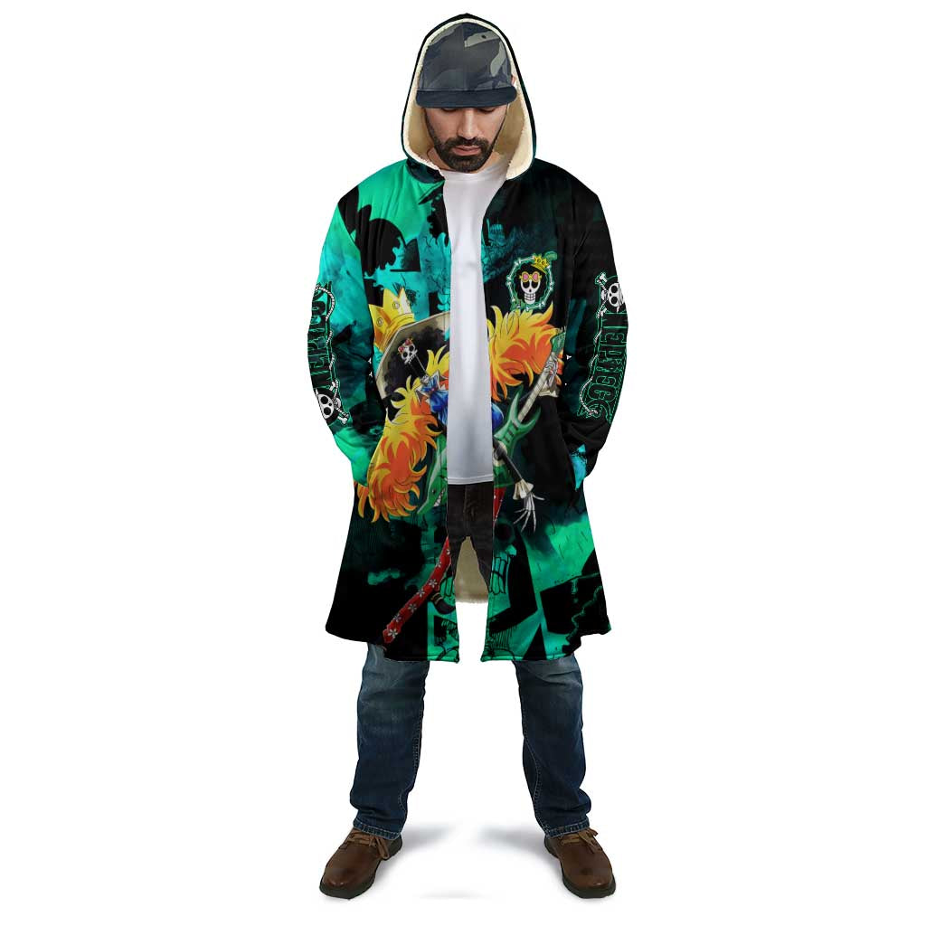 Brook One Piece Green and Black Theme Cloak with Soul King Guitar and Skeleton Jolly Roger Design - The Mazicc