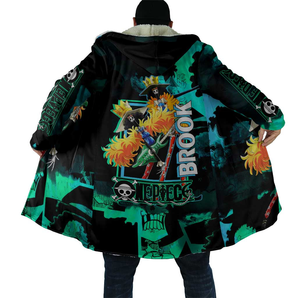 Brook One Piece Green and Black Theme Cloak with Soul King Guitar and Skeleton Jolly Roger Design - The Mazicc