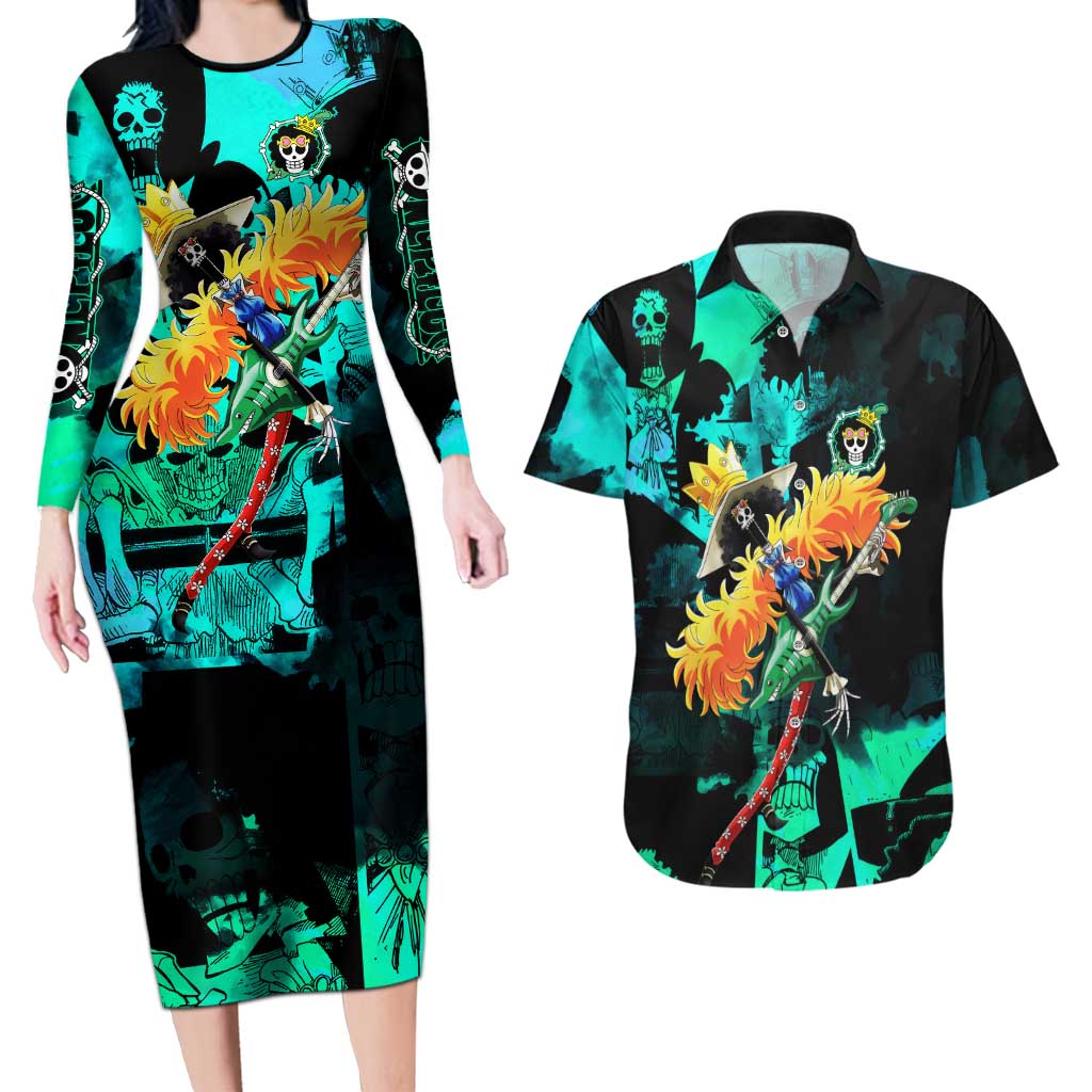 Brook One Piece Green and Black Theme Couples Matching Long Sleeve Bodycon Dress and Hawaiian Shirt with Soul King Guitar and Skeleton Jolly Roger Design - The Mazicc