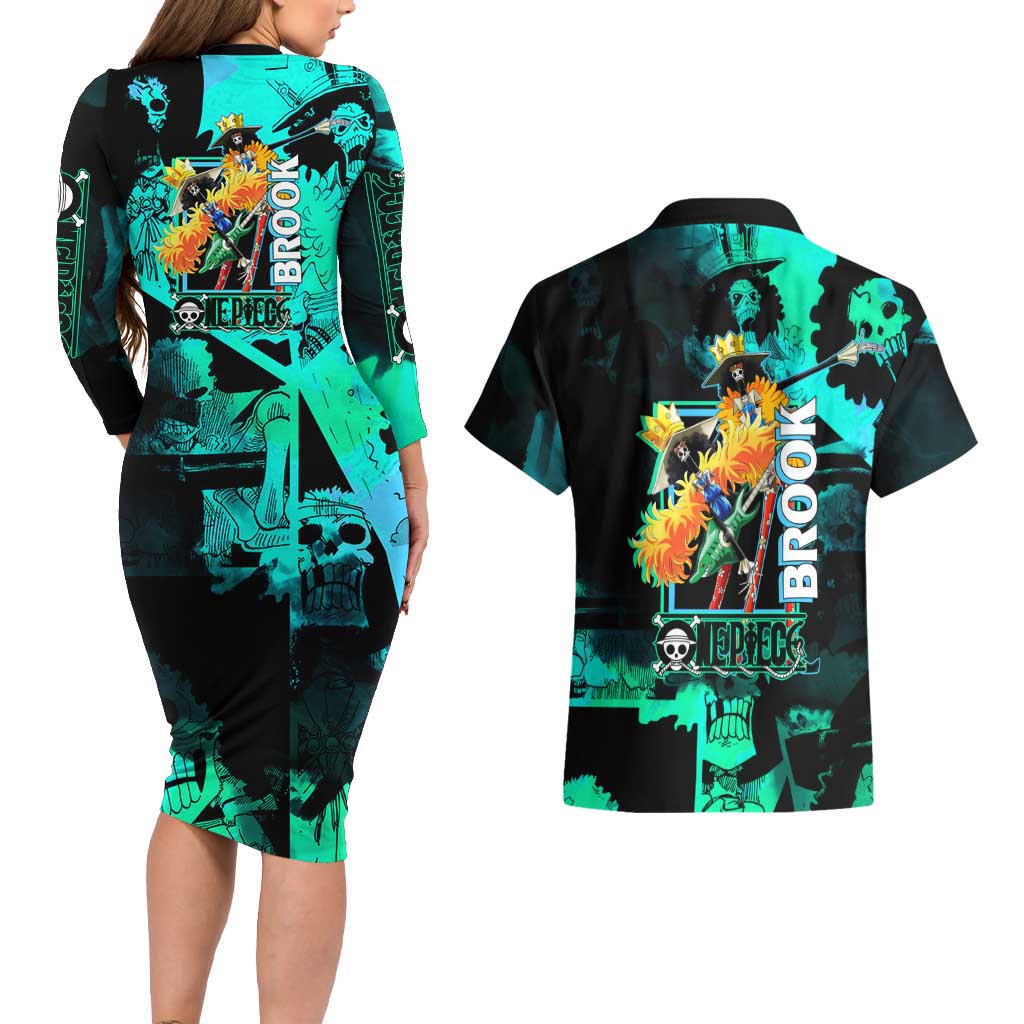 Brook One Piece Green and Black Theme Couples Matching Long Sleeve Bodycon Dress and Hawaiian Shirt with Soul King Guitar and Skeleton Jolly Roger Design - The Mazicc