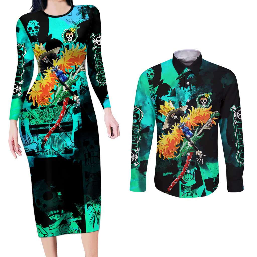 Brook One Piece Green and Black Theme Couples Matching Long Sleeve Bodycon Dress and Long Sleeve Button Shirt with Soul King Guitar and Skeleton Jolly Roger Design - The Mazicc